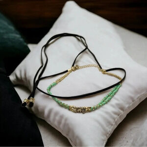 Beaded Layered Rhinestone Faux Leather Tassel Choker Necklace